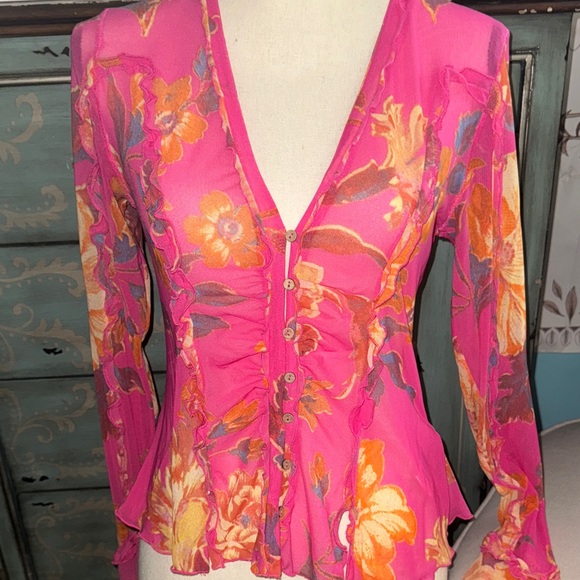 Free People| Pink Floral Sheer Button-Up Top - Picture 2 of 8